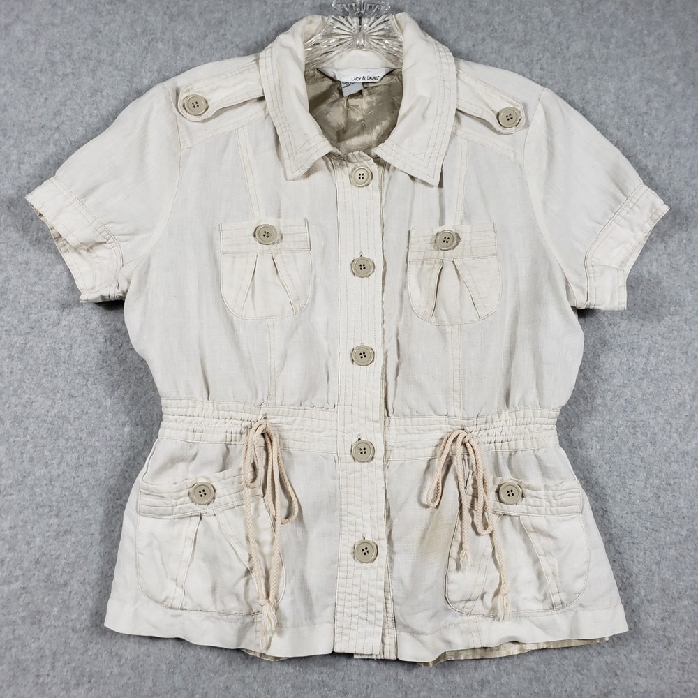 Lucy & Laurel Womens Medium Beige Linen Utility Jacket Safari Short Sleeve Coat